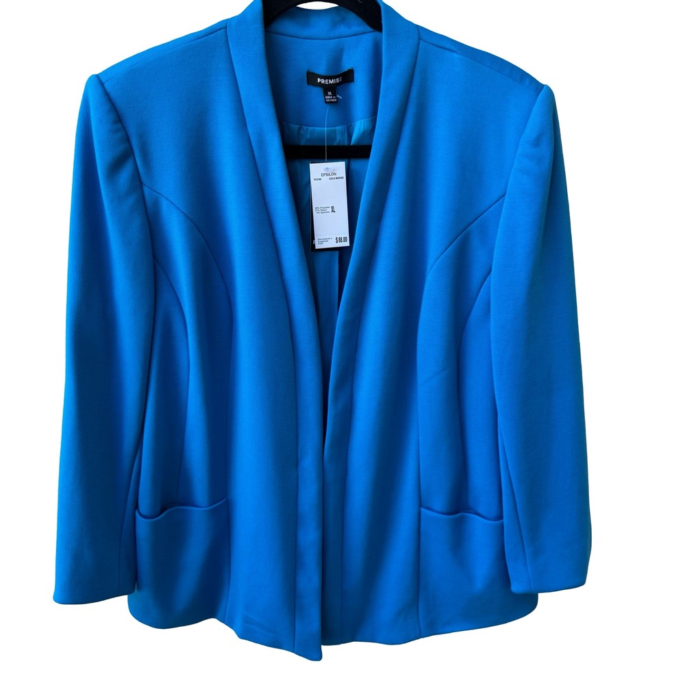 Premise Epsilon Minimalist Tailored Open Front Shawl Collar Blazer Aqua XL NEW